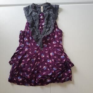 Free People Y2K Top Women 2 Purple Floral Lace Trim Boho Sleeveless Fairy Grunge